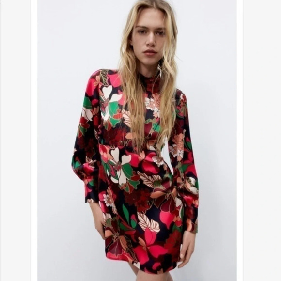 New Zara Floral Print Satin Effect Dress - Picture 12 of 16